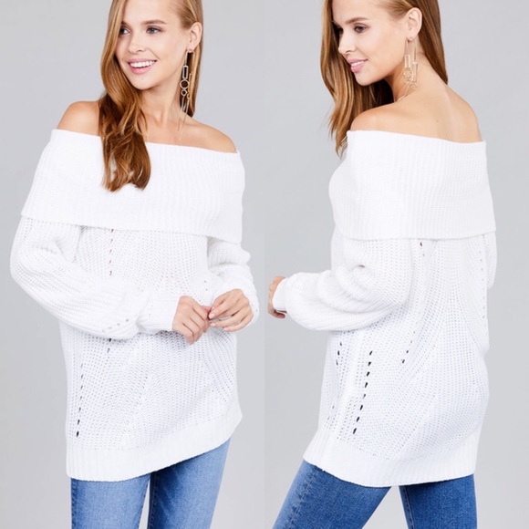 LEENA🌸 white off the shoulder fold over sweater - Picture 2 of 5